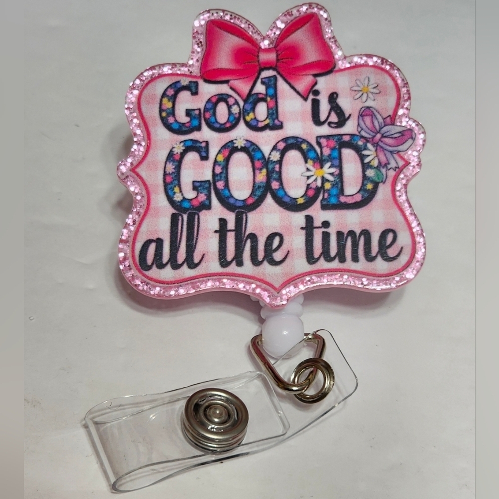 God Is Good‎ Badge Reel Pink ID Holder Alligator Clip Religious
